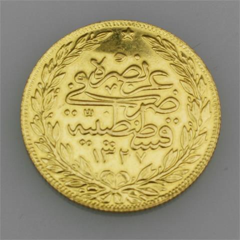 Türkei/GOLD - Neuprägung mit Punze "22 K", Sultan Mohammed V. (Reschad), 1909-1918, 100 Piaster AH 1327 Jahr 9