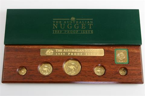 Australien - Nugget Set 1989, Kangaroo, 1 + 1/2 + 1/4 + 1/10 + 1/20 Unze GOLD,