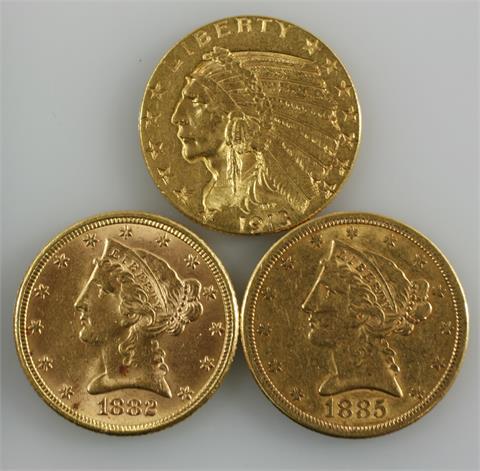 USA - GOLDkonvolut: 5$ 1882 o. Mzz, 5 $ 1885/s, 5$ 1913 Indian Head vertieft,