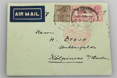 Brfm. Indien Luftpost - 1931, Brief aus Karachi nach Kölpinsee, mit Bestätigungsstempel