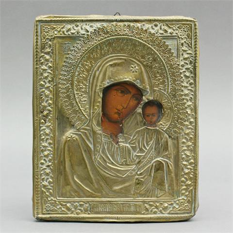 Ikone mit Messingoklad, Maria mit Jesuskind, Holz/Tempera, wohl Russland 19. Jh