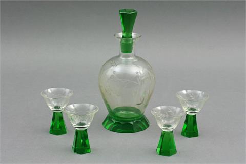 5-tlg. Likörset, ART DECO, Transparentglas partiell grün durchfärbt, 1920/30er Jahre.