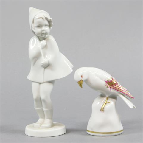 METZLER & ORTLOFF, Konvolut: Mädchenfigur im Wind (Entwurf Claire Weiss) und Vogel, glasiertes Weißporzellan, 1. H. 20. Jh.
