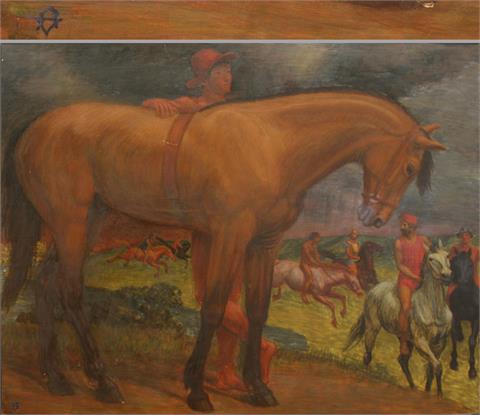 VOLKMANN, ARTHUR (1851-1941): Jüngling hinter Pferd stehend mit Reitergruppe.