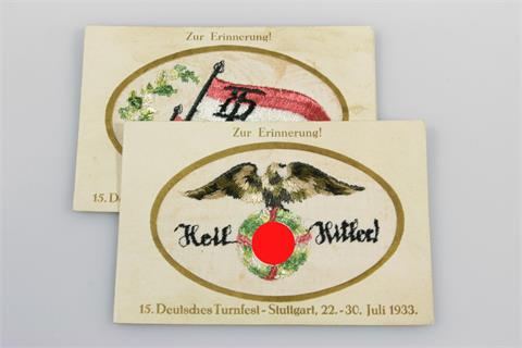 2 Postkarten III. Reich, bestickt (selten!), 'Zur Erinnerung 15. Deutsches Turnfest Stuttgart,