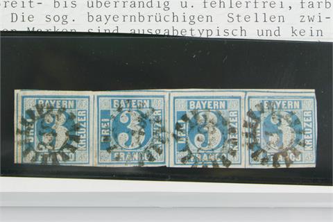 Brfm. BAYERN - 1856/62, 3 Kreuzer blau, waagerechter VIERERSTREIFEN,