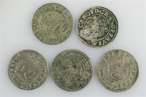 Schlesien-Troppau - Konvolut, 5 Münzen, u.a. Karl von Liechtenstein, 1614-1627,