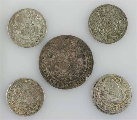 Schlesien-Münsterberg-Öls - Konvolut, 5 Münzen, u.a. 3 Kreuzer 1611, 1612, 1613, 1614,