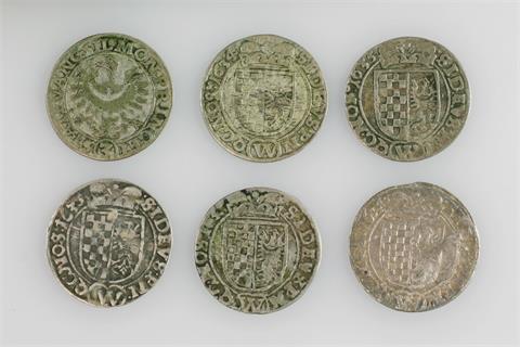Schlesien-Die evangelischen Stände - Konvolut, 6 Münzen, u.a. 3 Kreuzer 1634 (2x),