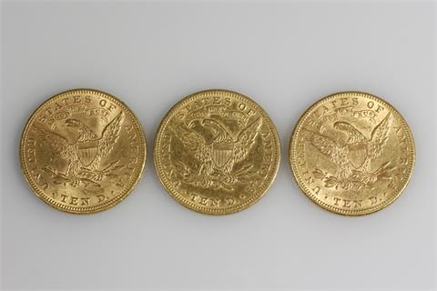 USA - 3 x 10 Dollars Coronet Head, 1881, 1882, 1899,
