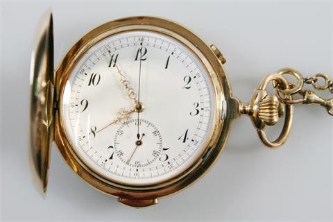Taschenuhr m. Viertelrepetition und Chronograph, um 1900. Gehäuse GG 14K (auch SD).