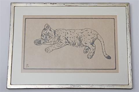 LANG, FRITZ (1877-1961) Holzschnitt 'Schlafender kleiner Löwe'.