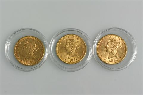 USA/GOLD - Konvolut: 3 x 10 Dollars,