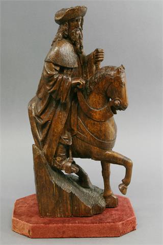 Wohl flämischer Meister, bärtiger Reiter auf Pferd, Eichenholz, wohl um 1500.