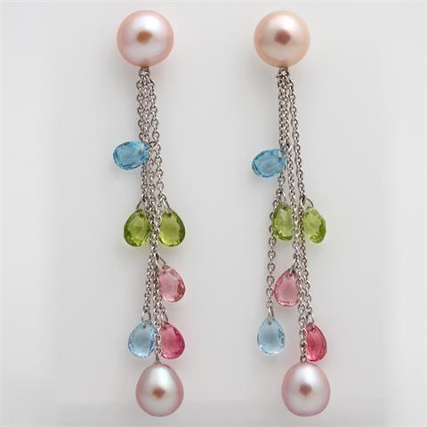 Paar Ohrhänger mit SWZ-Perlen und farbigen Steinen Peridot, Topas, rosa Turmalin.
