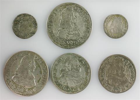 Schlesien-Neisse (Bistum Breslau) - Konvolut, 6 Münzen, u.a. 6 Kreuzer 1679 (2 Varianten),