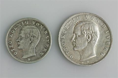 Bayern - Konvolut: 1 x 3 Mark 1910 D und 1 x 2 Mark 1901 D, Otto, 1886-1913