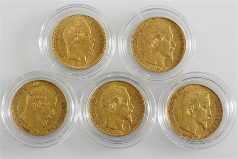 Frankreich - 5 x 20 Francs, Napoleon III, GOLD,