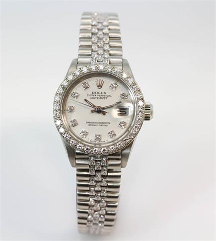 ROLEX Damenuhr "Oyster Perpetual Datejust". WG 18K. Ref.: 6917. Diamant-Lünette, Zifferblatt und Uhrband mit Diamant-Besatz