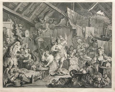 HORGARTH, WILLIAM (1697 - 1764), Strolling actresses dressing in a barn, Kupferstich 1738.