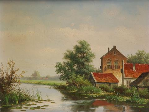 MEILOF, RONALD ATTR. (1953): holländische Landschaft mit Gehöft an einem Teich.