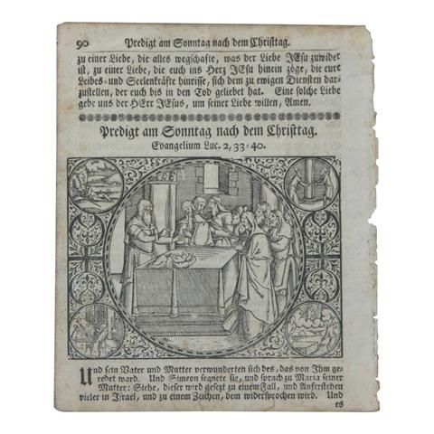 Illustrierte Buchseite 'Predigt am Sonntag nach dem Christtag', Holzschnitt, deutsch wohl 17. Jh.