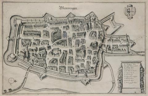 Buchseite mit Stadtansicht von Memmingen, wohl nach Matthäus Merian, 17. Jh.