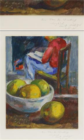 HEDIGER, KURT (1932): Interieur mit Früchteschale und lesender Person.