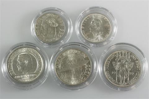 Weimarer Republik/III. Reich - Konvolut 5 Münzen: 1 x 3 RM 1929 A Zeppelin, 1 x 3 RM 1929 F Schwurhand,