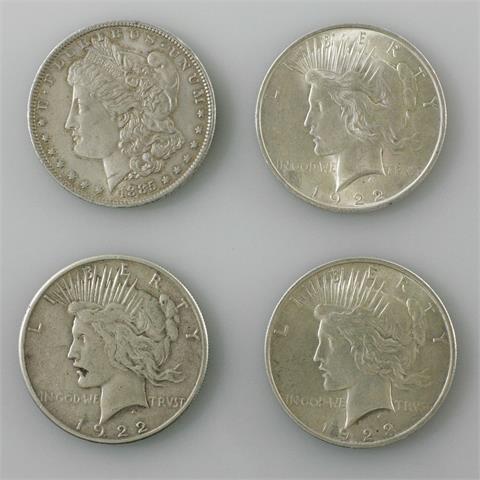 USA / Silber - Kleinkonvolut: Peace Dollar 1922 S + Peace Dollar 1922 o. Mz. + Peace Dollar 1923 o. Mz. +