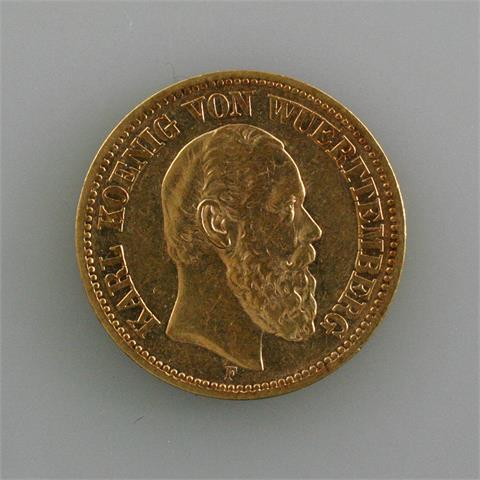Württemberg - 20 Mark 1873/F, Karl, GOLD, 7,91 Gr.,