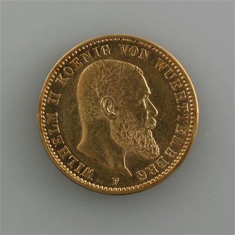 Württemberg - 20 Mark 1897/F, Wilhelm II, GOLD, 7,93 Gr.,