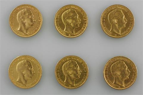 Preussen / Gold - 6 x 20 Mark, 2 x 1897, 1900, 1910, 1911 und 1912,