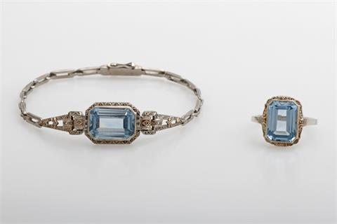 Set: Armband und Ring, 1920er Jahre, blaue Steine, Silber/rhodiniert.
