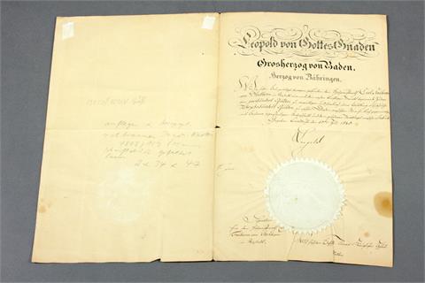 Urkunde des Leopold, Großherzog v. Baden und Herzog v. Zähringen, für den 'Hofgerichtsrath Freiherr von Stockhorn',