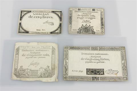 Banknoten / Frankreich - 4 verschiedene Assignaten der französischen Revolution: 15 Sols + 50 Sols 25.05.1793 + 25 Livres