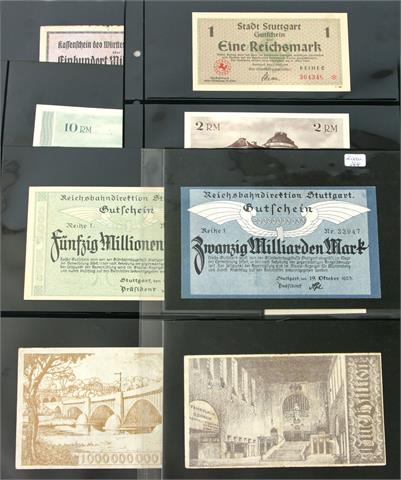 Banknoten - 12 diverse Scheine, darunter u.a. Reichsbahndirektion Stuttgart 1923, Kassenschein des Württ. Staates 1923,