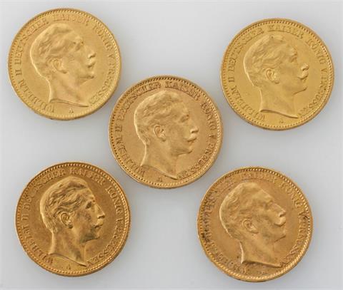 Deutsches Reich/GOLD - Konvolut: 5 x 20 Mark Wilhelm II., 1899 bis 1912,