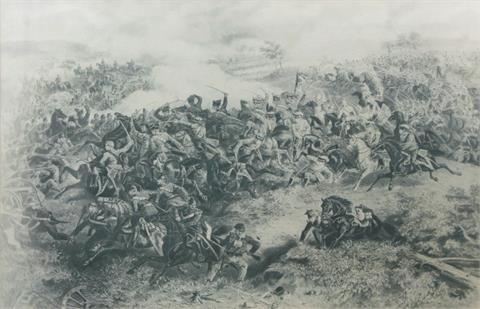 SCHLACHTENBILD, bez. 'Die 18. Kav. Brigade in der Schlacht bei Mars la Tour am 16. August 1870', Druck,