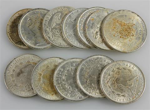 Frankreich/Indochina - Konvolut: 2 x 5 Francs 1875 A Herkulesgruppe, 2 x Piastre de Commerce Indochina 1908
