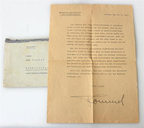 III. Reich - Brief mit Unterschrift des Befehlshabers des Deutschen Afrikakorps ERWIN ROMMEL,