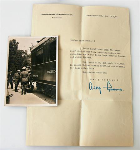 III. Reich - Konvolut: Brief des Kommodore des Jagdgeschwaders 'Schlageter' Nr. 26,