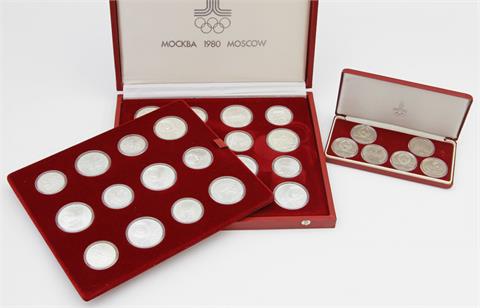 UdSSR / Moskau 1980 / Silber - Grosses Set mit Silbermünzen im Originaletui: 14 x 10 Rubel + 14 x 5 Rubel, außerdem Set mit 8 x
