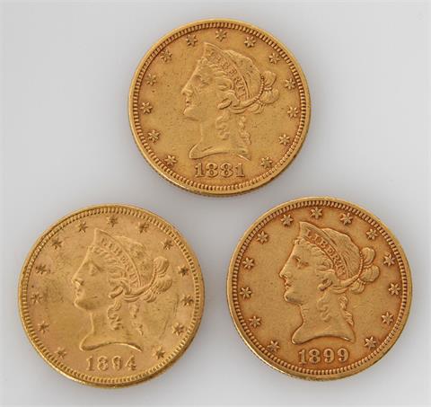 USA / Gold - 3 x 10 Dollars, 1881/1894/1899, Philadelphia, Coronet Head,