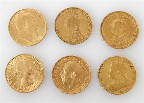 Großbritannien / Gold - 6 Sovereigns: 1891, 1892 und 1900, Victoria + 1910, Edward VII. + 1911, George V. +