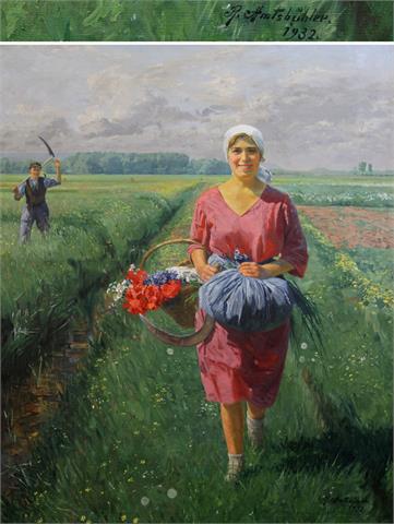 AMTSBÜHLER, REIHNHARD (1873 - 1961): Bauernmädchen mit Blumenkorb.