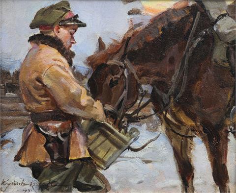 KOSSAK, WOJCIECH V. (1857-1942): Russischer Soldat beim Füttern eines Pferdes, 1931.