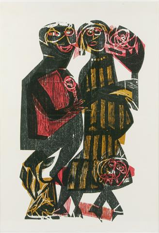 GRIESHABER, HAP (1909 - 1981): 2-figurige Komposition, Farbholzschnitt.