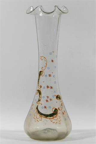 Vase, Klarglas mit Emailmalerei, deutsch Ende 19. Jh.