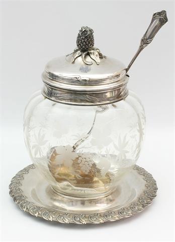 JUGENDSTIL-Bowlegefäß mit Presentoir und Schöpfkelle, Silber (800/Gewicht ca. 1010 g.), deutsch wohl Bruckmann & Söhne, um 1900
